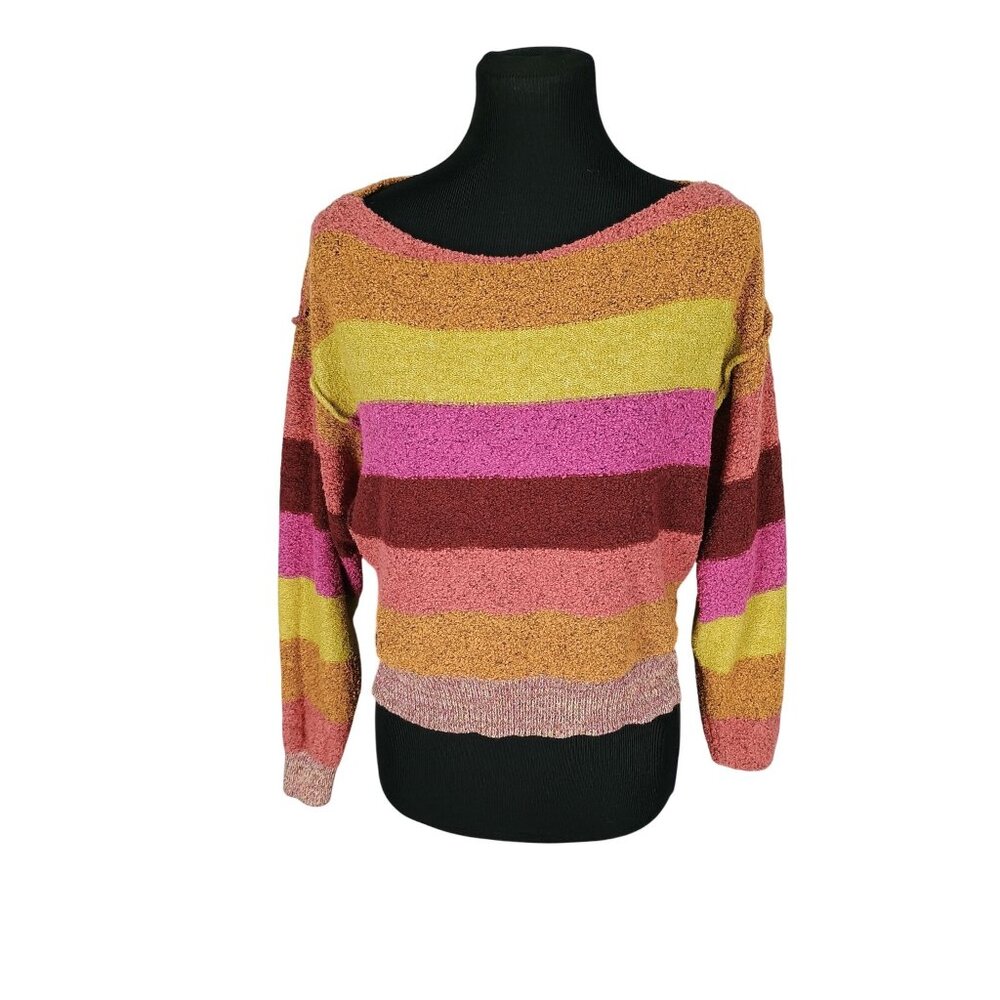Free People Multicolor Striped Textured Knit Boat Neck Sweater Womens Medium